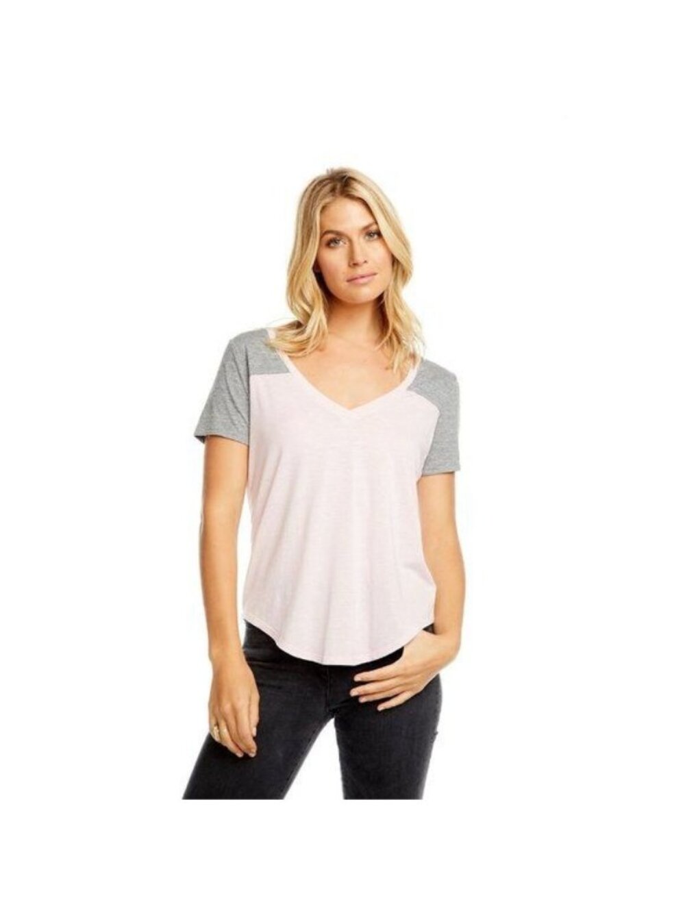 Chaser Blocked Jersey V-Neck Tee In Pink Diamond & Streaky Grey